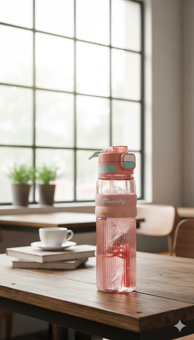 Pink water bottle with a bow on a wooden table in a bright room with large windows.