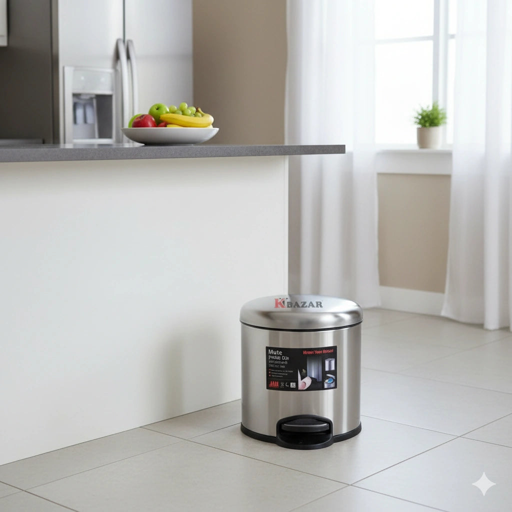 Stainless steel trash can with a label in a kitchen setting