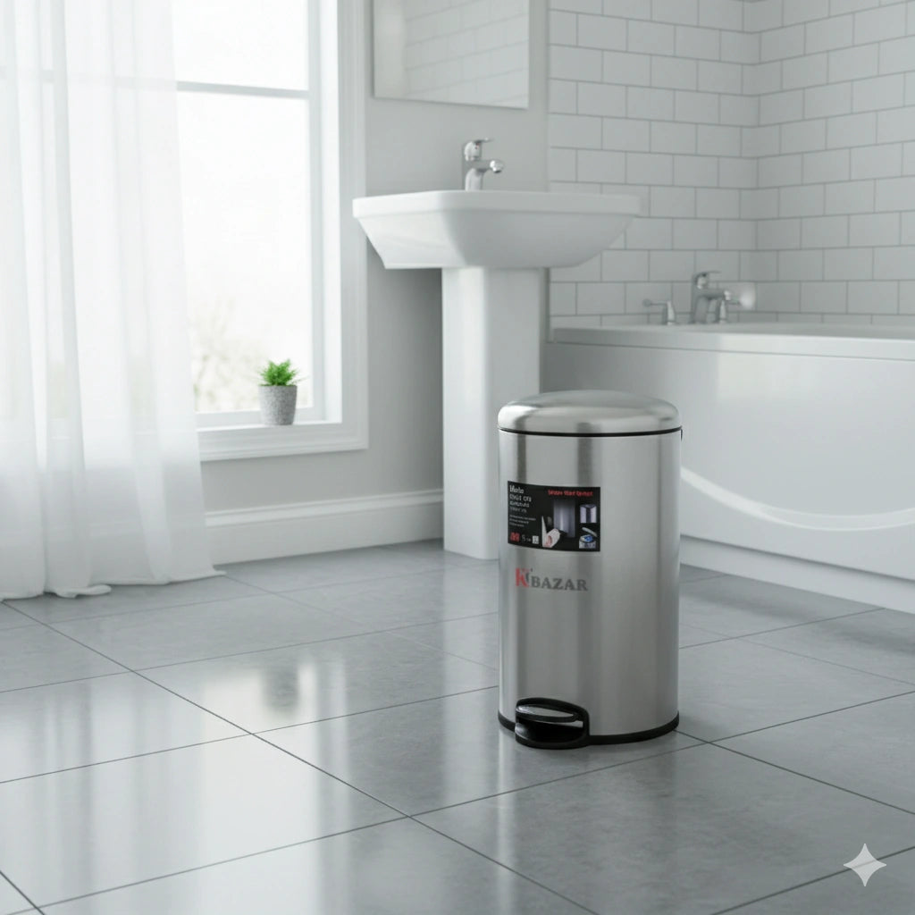 Silver trash bin on a tiled bathroom floor with a sink and bathtub in the background.