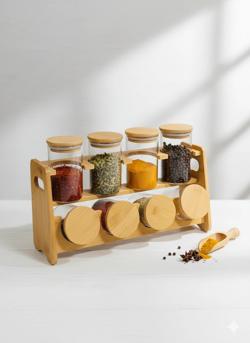 Premium Glass Spice Jar Set with Bamboo Stand – Airtight Kitchen Seasoning Organizer & Storage Container Set(8 Pieces)
