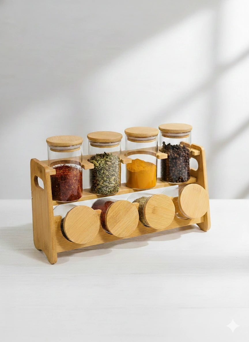 Premium Glass Spice Jar Set with Bamboo Stand – Airtight Kitchen Seasoning Organizer & Storage Container Set(8 Pieces)