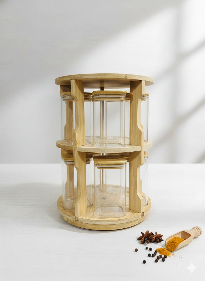 Premium Glass Spice Jar Set with Bamboo Stand – Airtight Kitchen Seasoning Organizer & Storage Container Set(10 Pieces)