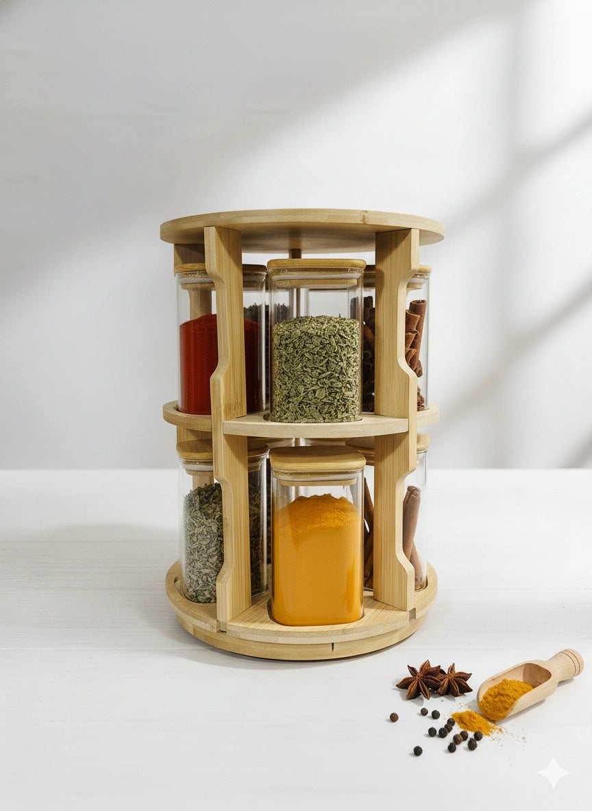 Premium Glass Spice Jar Set with Bamboo Stand – Airtight Kitchen Seasoning Organizer & Storage Container Set(10 Pieces)