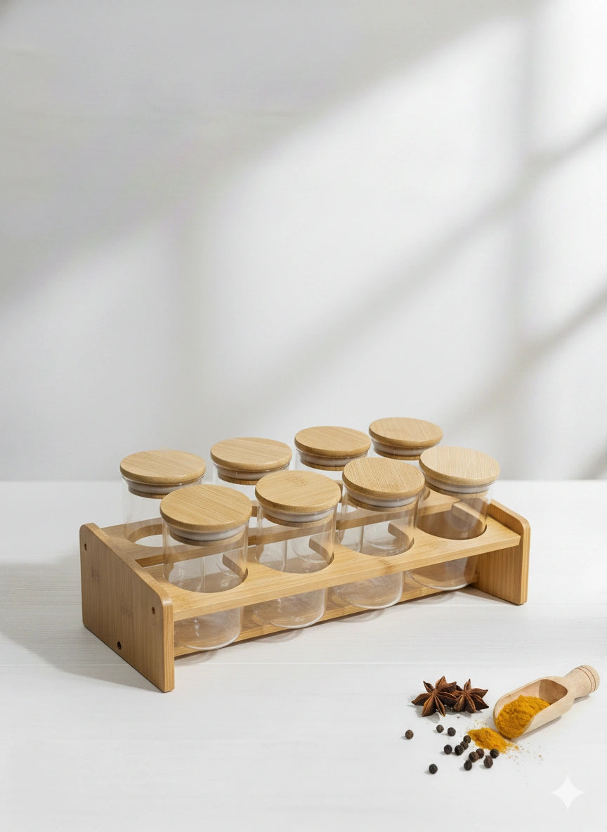 Premium Glass Spice Jar Set with Bamboo Stand – Airtight Kitchen Seasoning Organizer & Storage Container Set(8 Pieces)