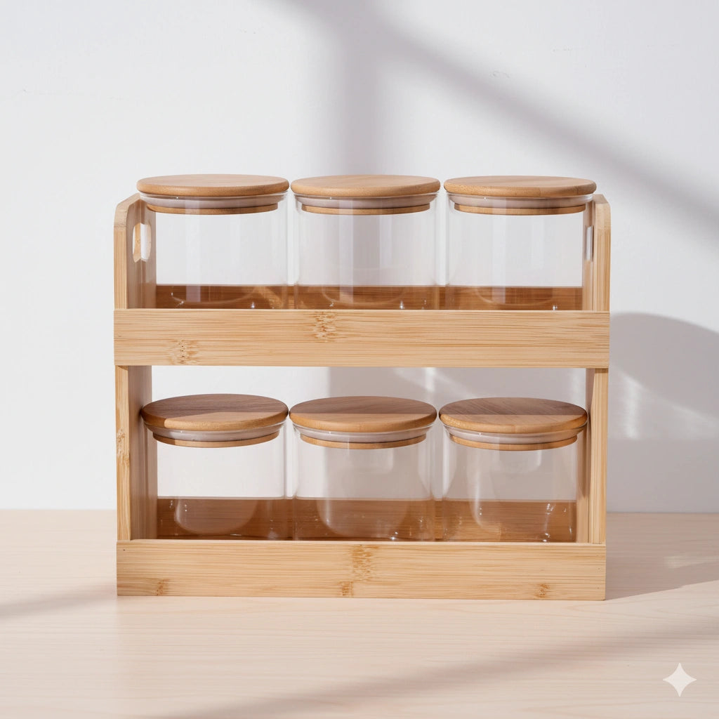 Premium Glass Spice Jar Set with Bamboo Stand – Airtight Kitchen Seasoning Organizer & Storage Container Set(6 Pieces)