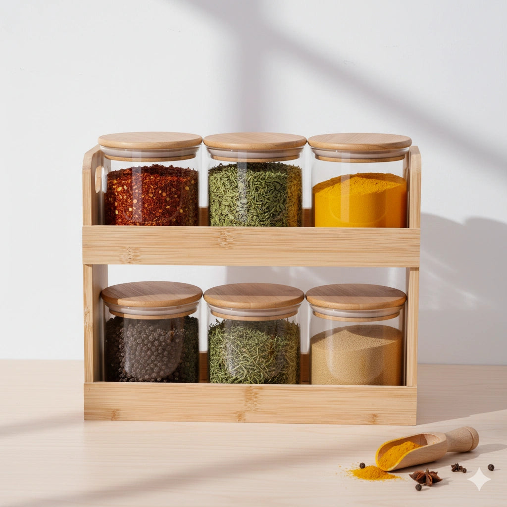 Premium Glass Spice Jar Set with Bamboo Stand – Airtight Kitchen Seasoning Organizer & Storage Container Set(6 Pieces)