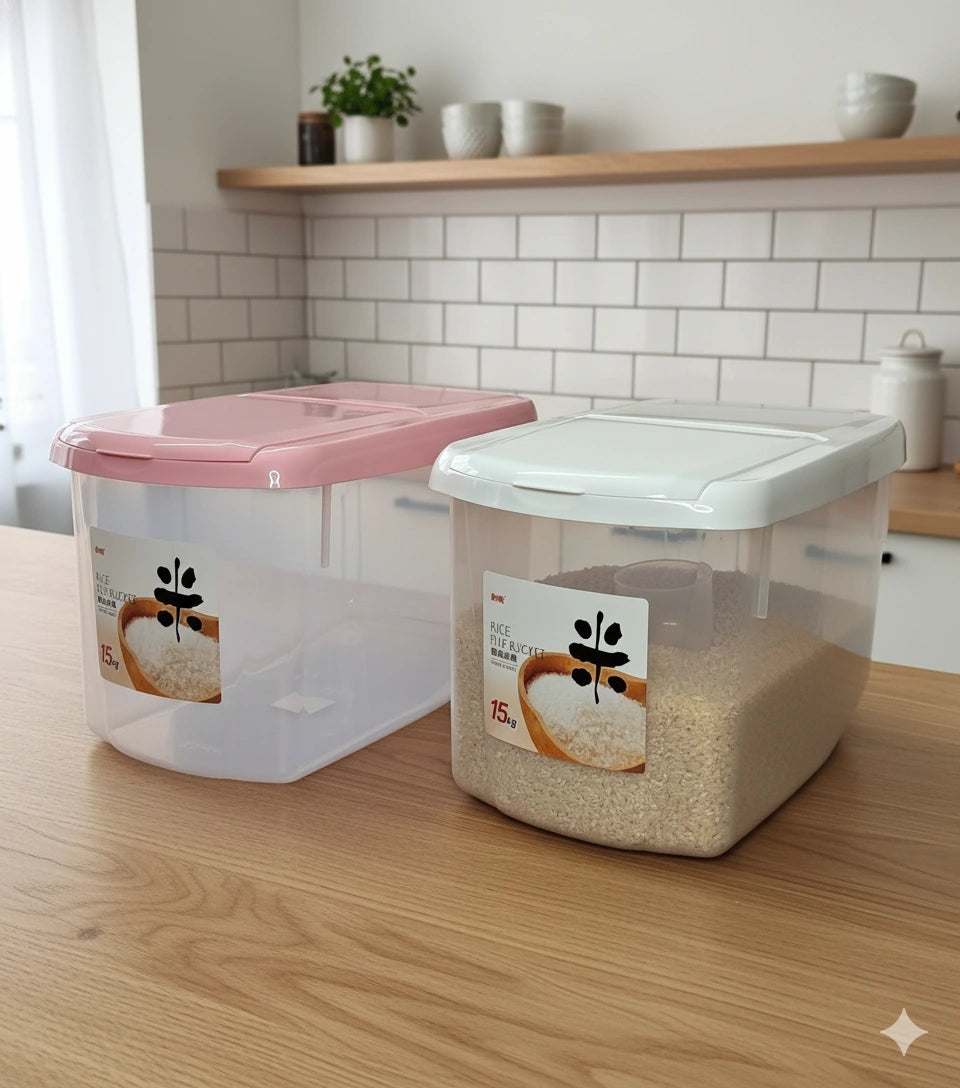 15KG Plastic Rice & Cereal Storage Container with Wheels – Airtight Food Grain Storage Bin for Kitchen Organization