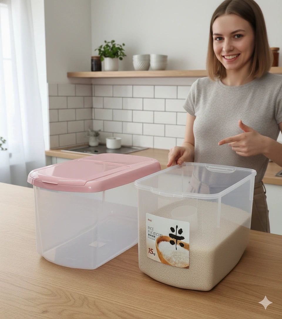 15KG Plastic Rice & Cereal Storage Container with Wheels – Airtight Food Grain Storage Bin for Kitchen Organization