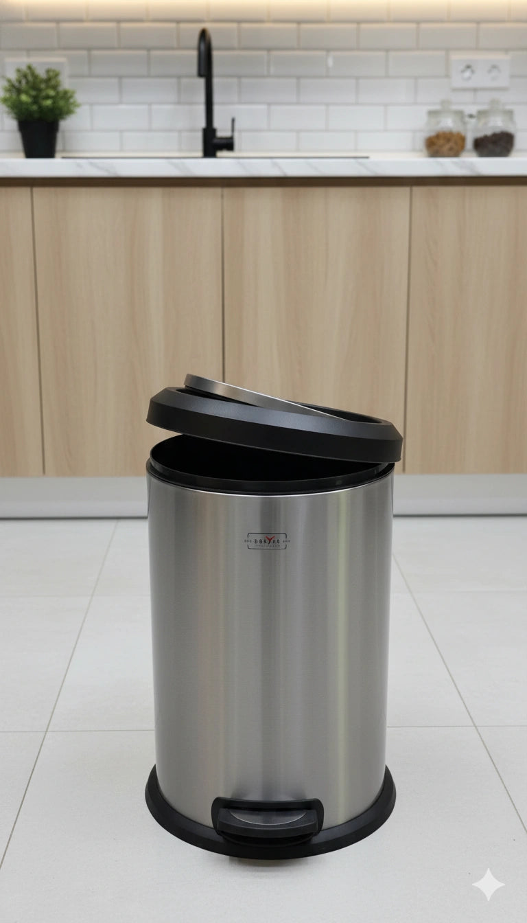 Stainless steel trash can in a kitchen setting with wooden cabinets and a white tiled floor.