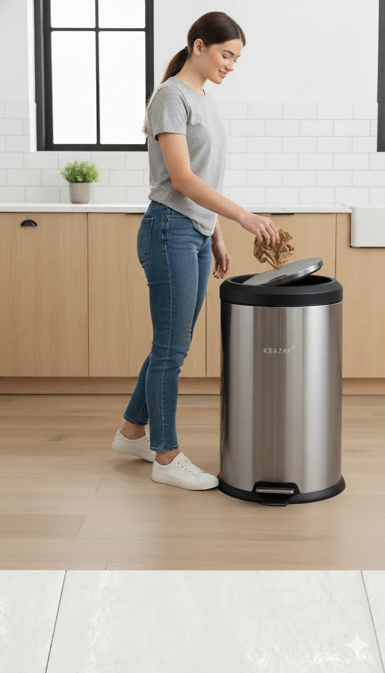 Woman disposing of trash into a stainless steel trash can in a kitchen.