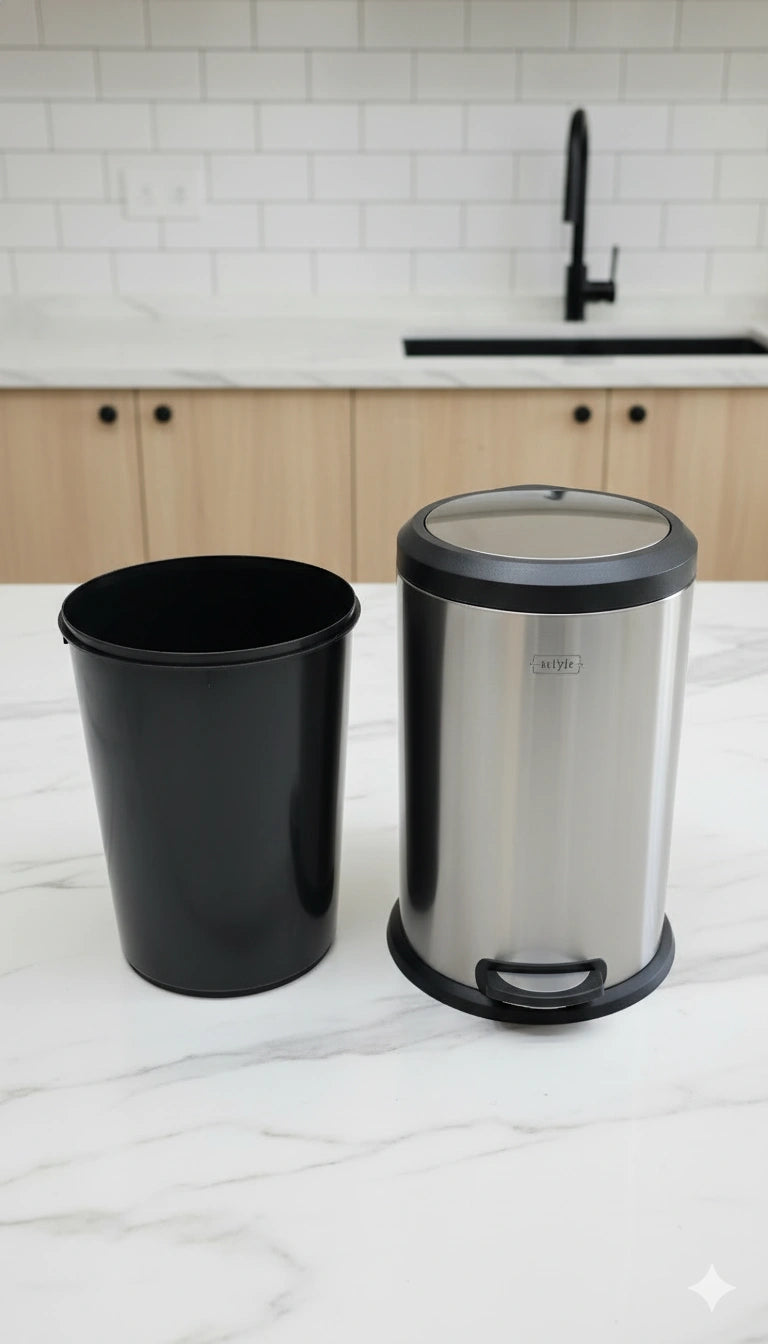 Black trash can and stainless steel pedal bin on a kitchen counter.