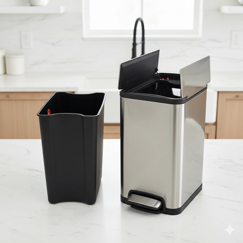 Two trash cans, one black and one stainless steel with a step lid, on a kitchen counter.