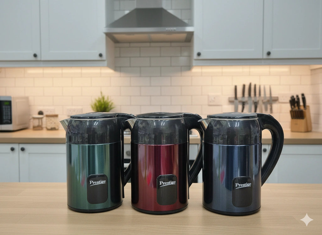Three Prestige brand thermos bottles on a kitchen counter with cabinets and appliances in the background.