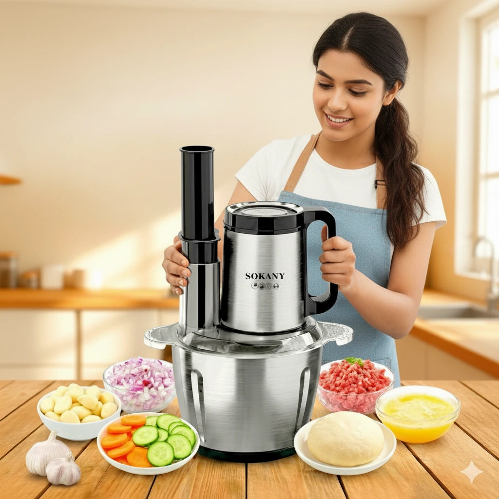 Woman using a Sokany kitchen appliance with ingredients on a wooden table