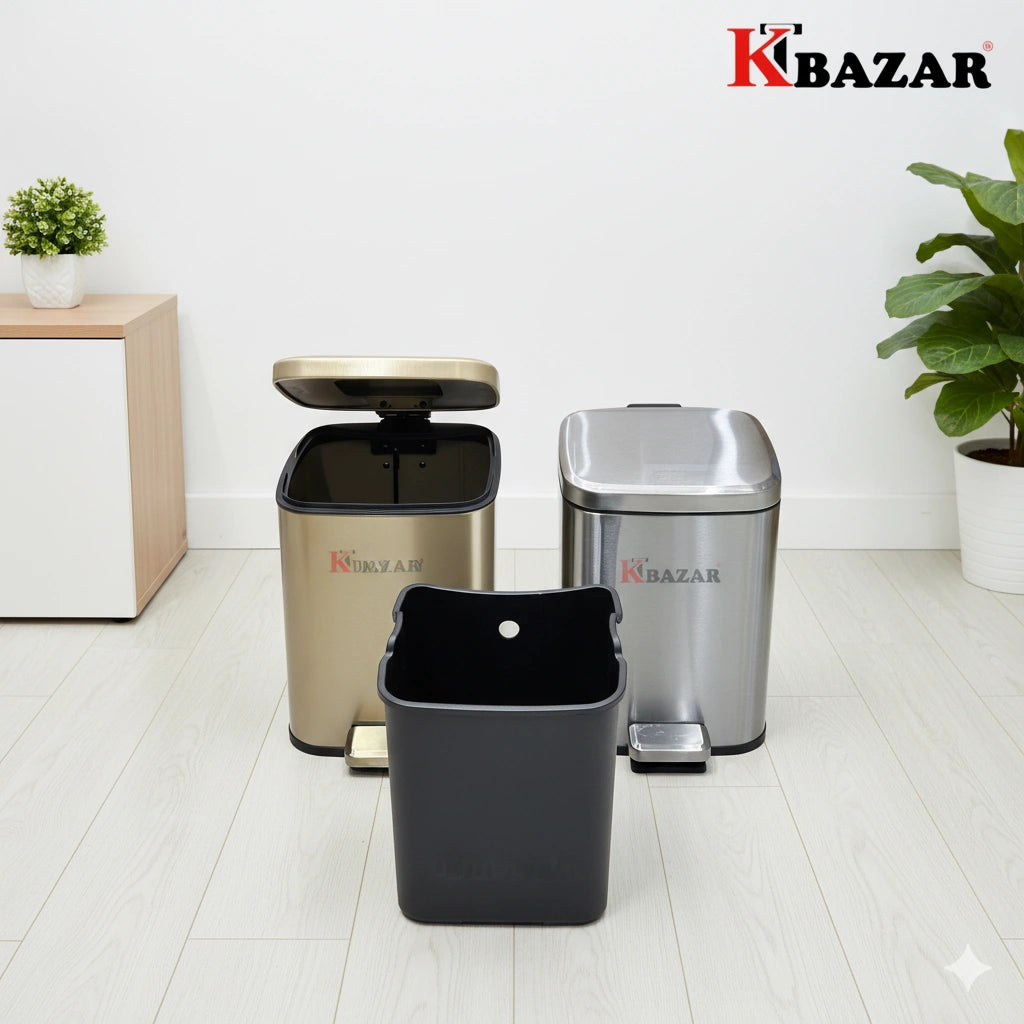 Three trash bins with 'KTBazar' branding on a light wooden floor.
