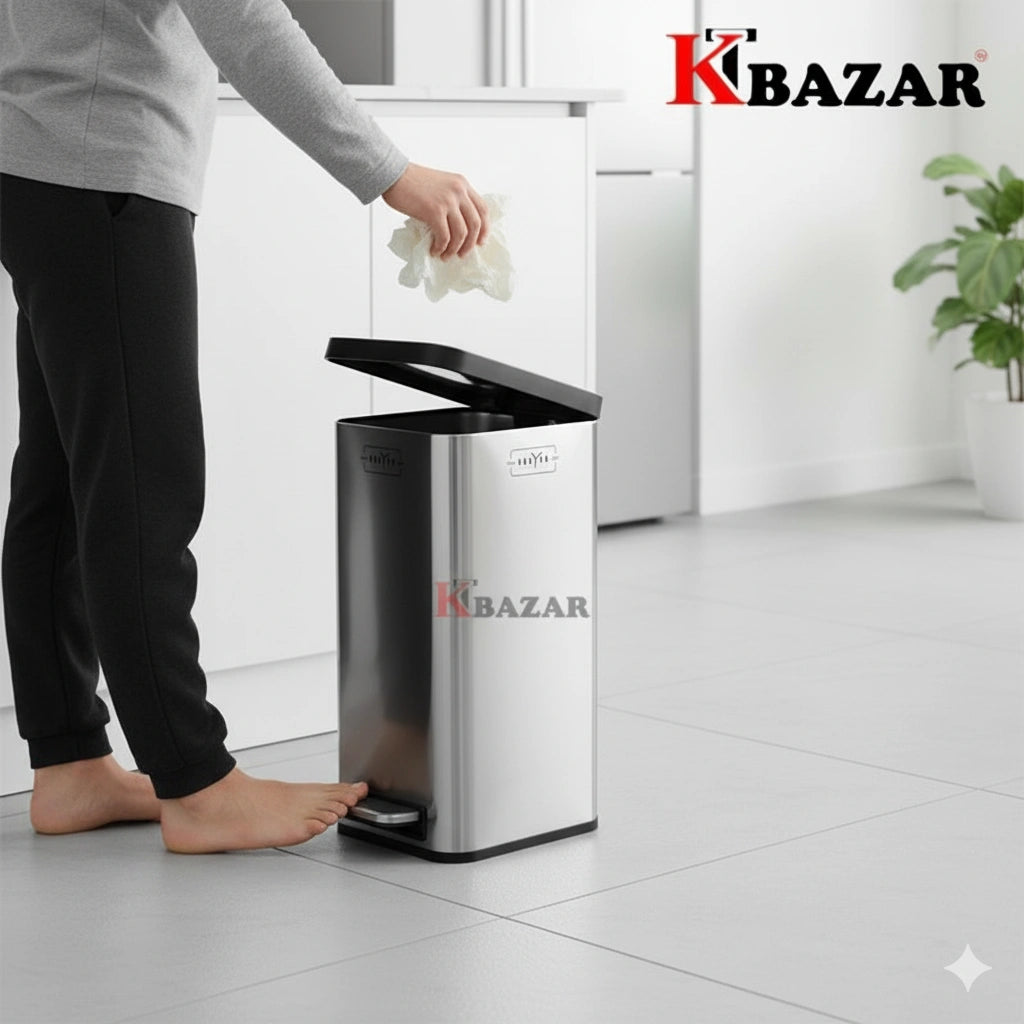 Person using a modern trash can in a kitchen setting with Kibazar branding.
