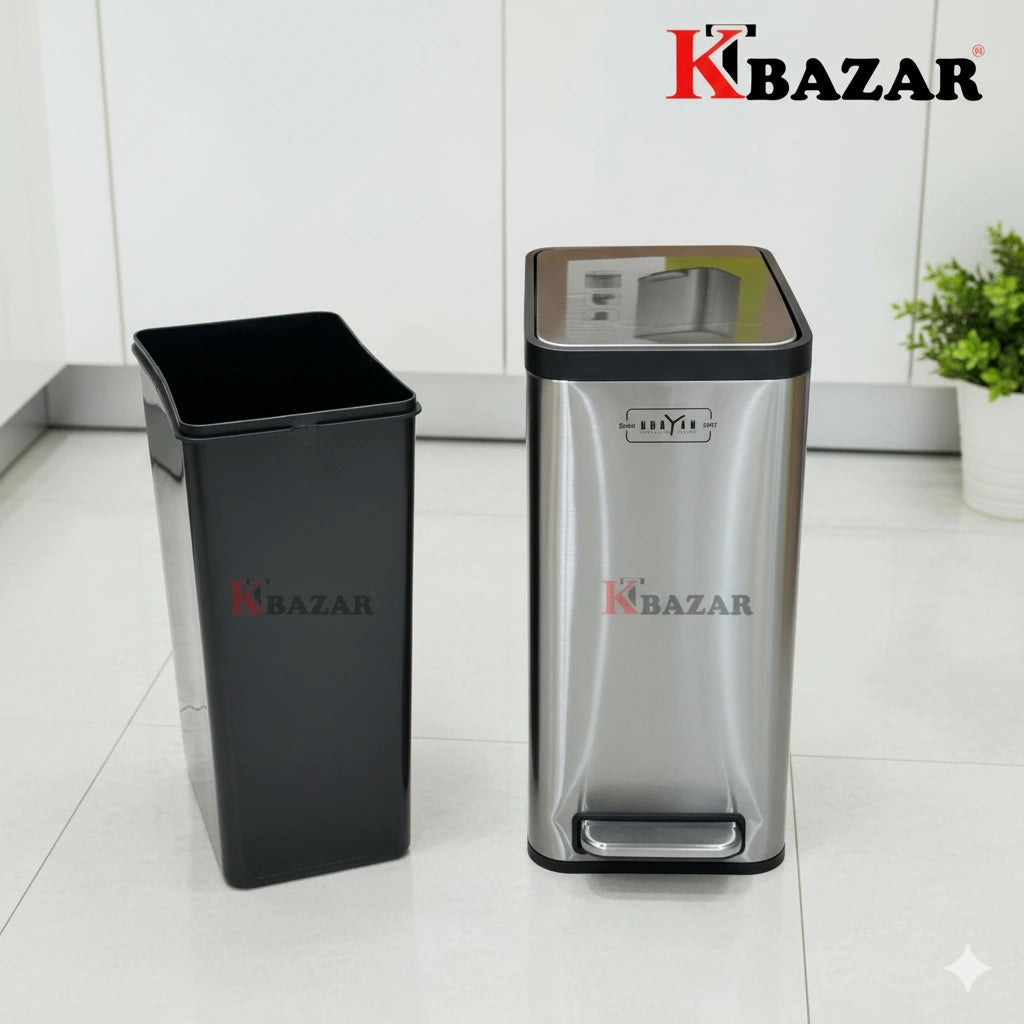 Two trash bins, one black and one silver, on a white floor with 'Kbazar' branding.