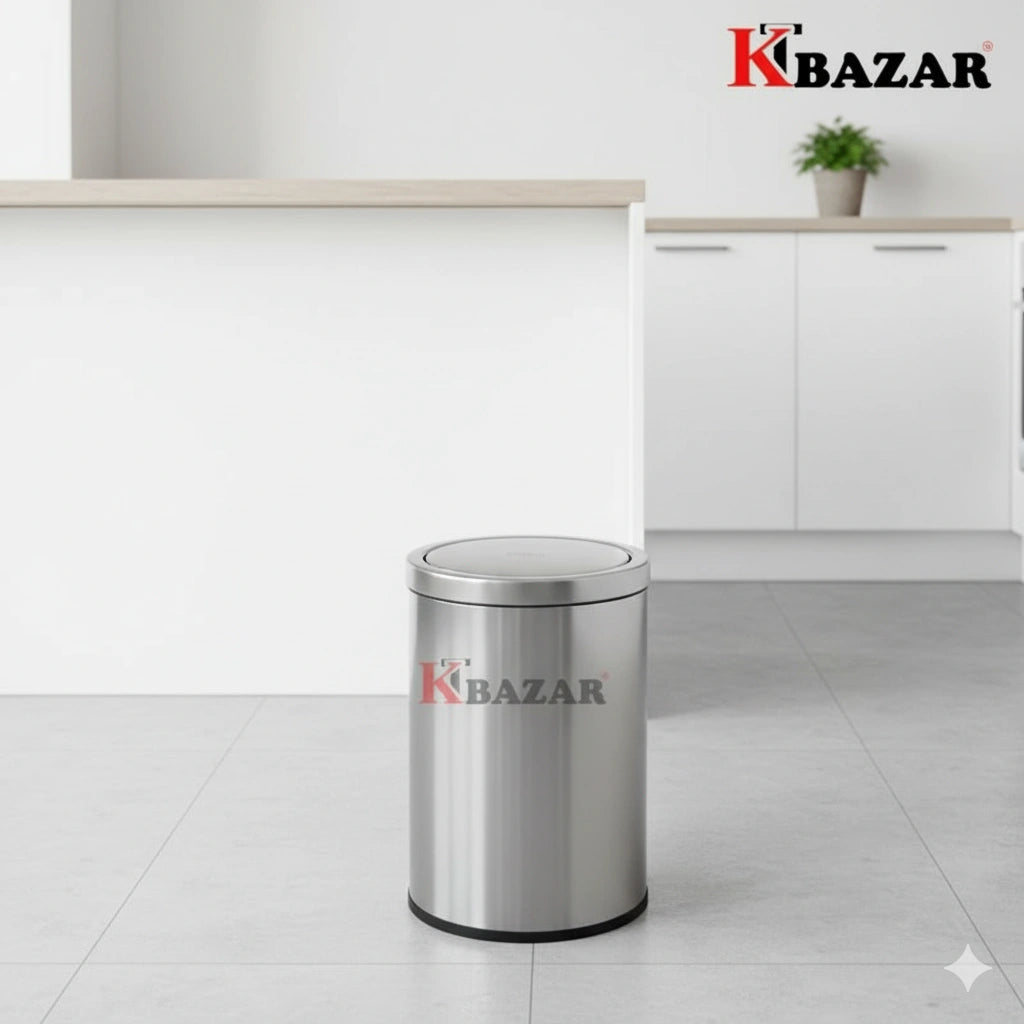 Stainless steel trash bin with KBazar logo in a kitchen setting