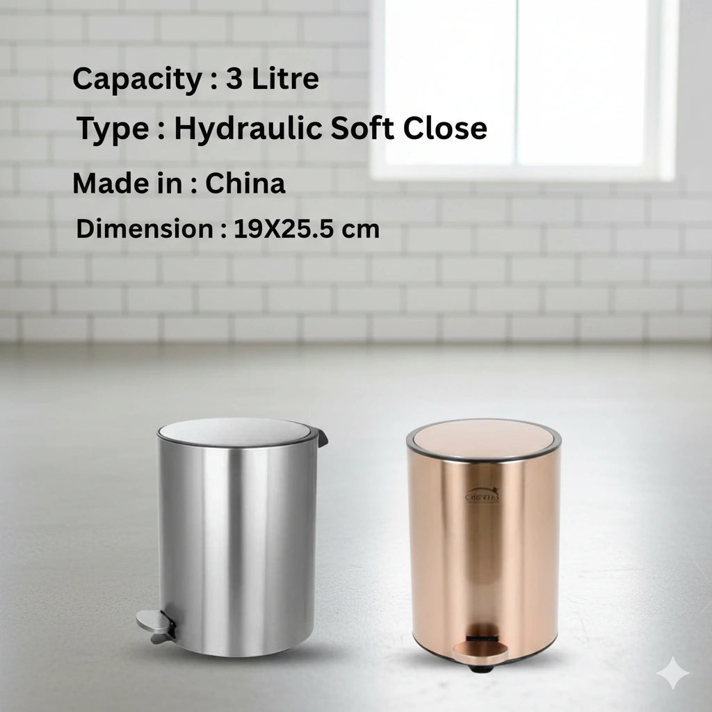 Two trash bins, one silver and one rose gold, on a light gray surface with a tiled wall background.