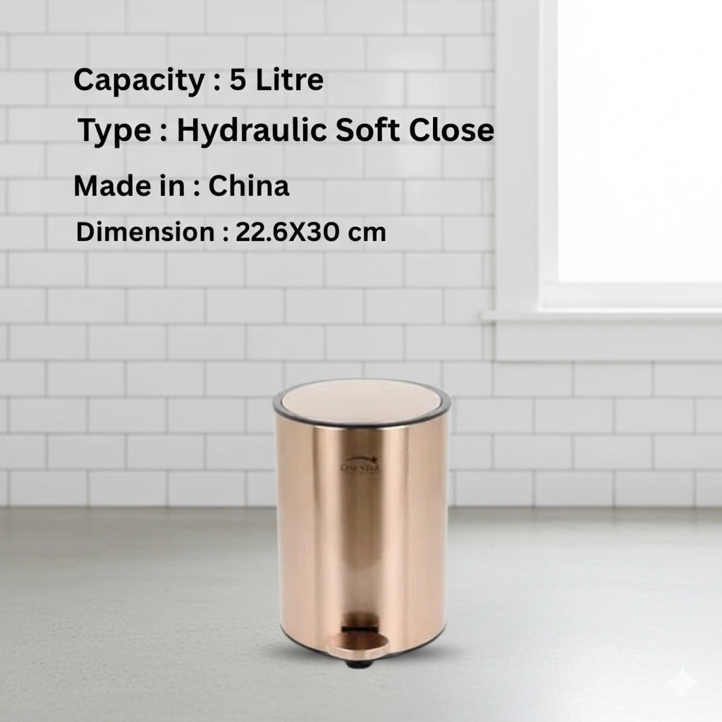 Rose gold trash bin with product details on a white tiled wall background