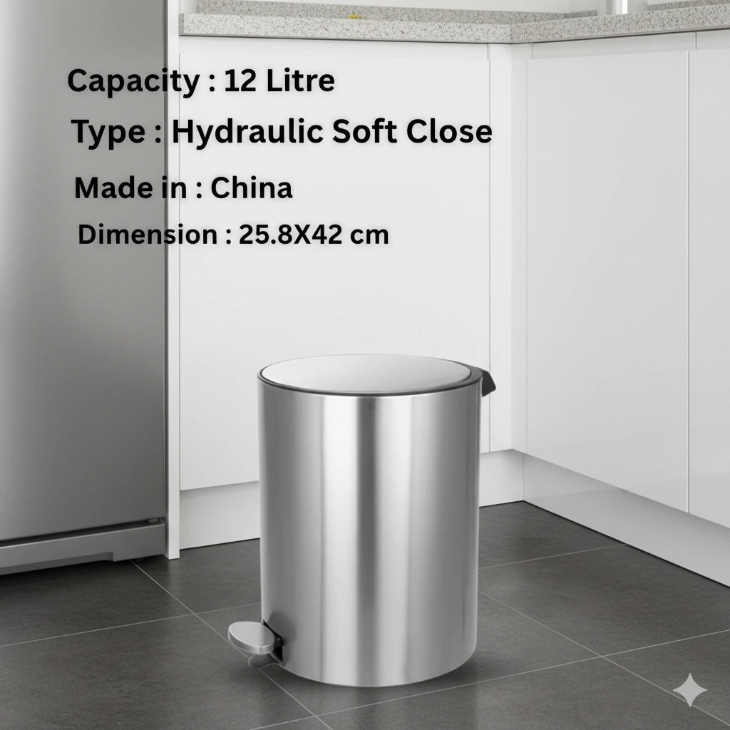 Stainless steel trash bin with text detailing capacity, type, origin, and dimensions in a kitchen setting.