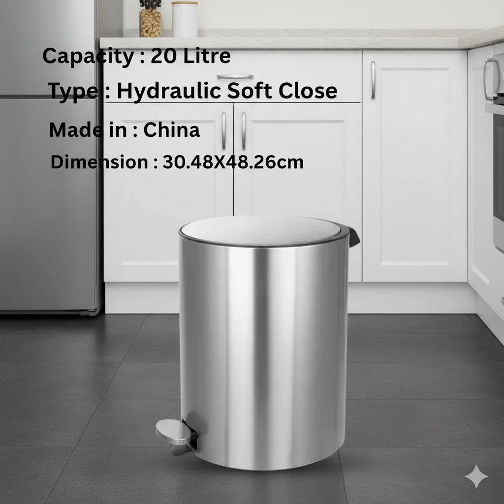 Silver trash bin with text detailing capacity, type, origin, and dimensions in a kitchen setting.