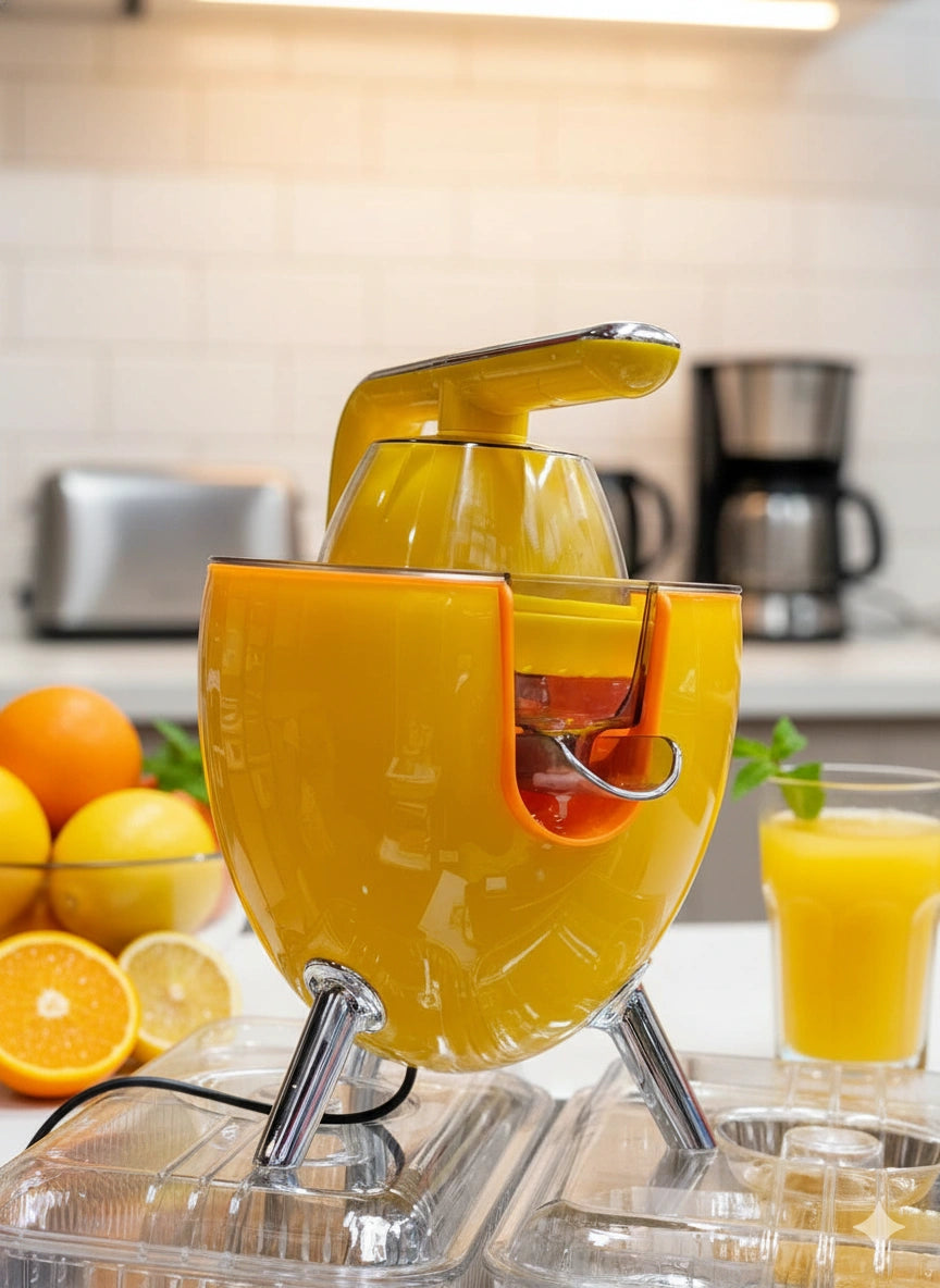 Yellow manual juicer with oranges and a glass of juice in a kitchen setting