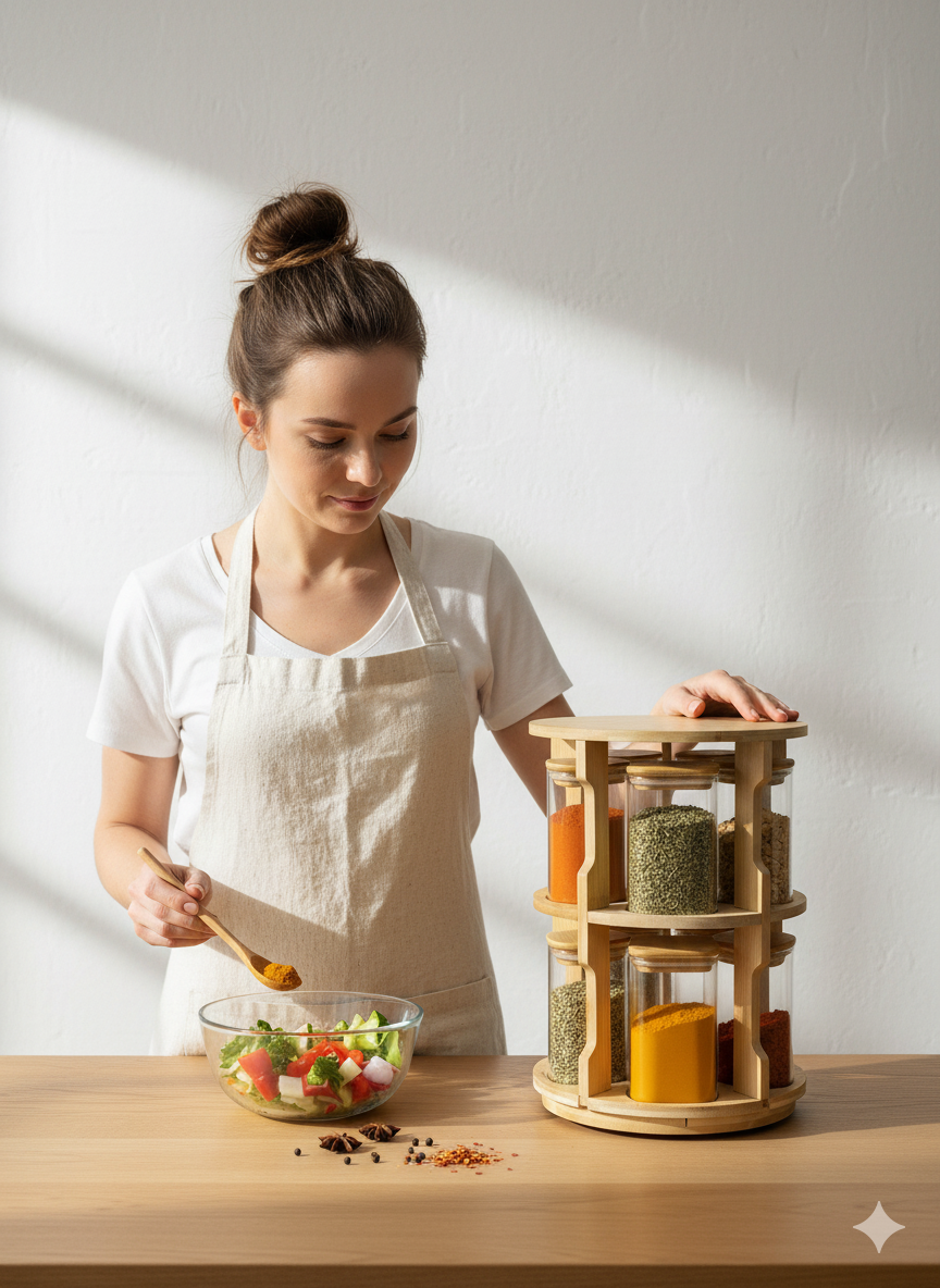 Premium Glass Spice Jar Set with Bamboo Stand – Airtight Kitchen Seasoning Organizer & Storage Container Set(10 Pieces)