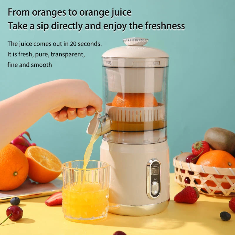 Juicer with oranges and a glass of orange juice on a table, with text about the juicer's efficiency and quality.