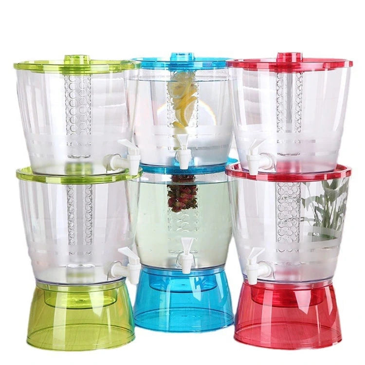 Set of three colorful drink dispensers with clear bodies and colored lids on a white background.