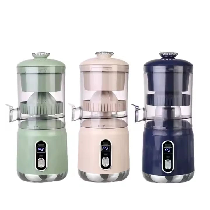 Three small juicers in green, beige, and blue on a white background