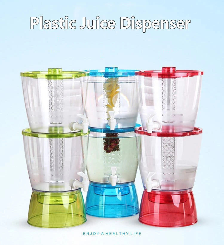 Three colorful plastic juice dispensers on a light blue background with text 'Plastic Juice Dispenser' and 'Enjoy a Healthy Life'.