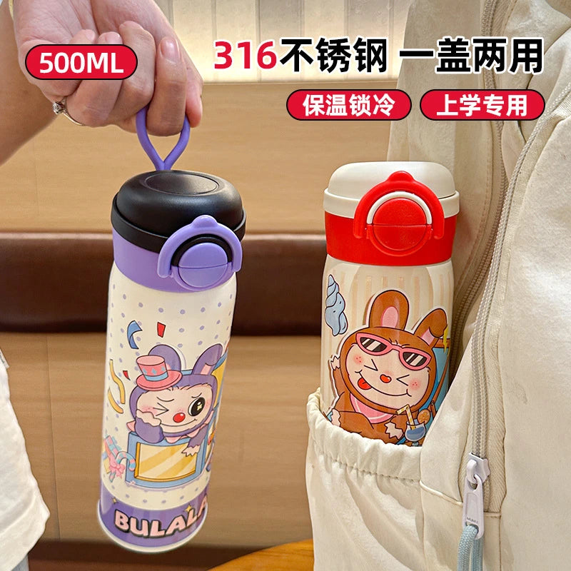 Dual-drink insulated water bottle made of 316 stainless steel for children