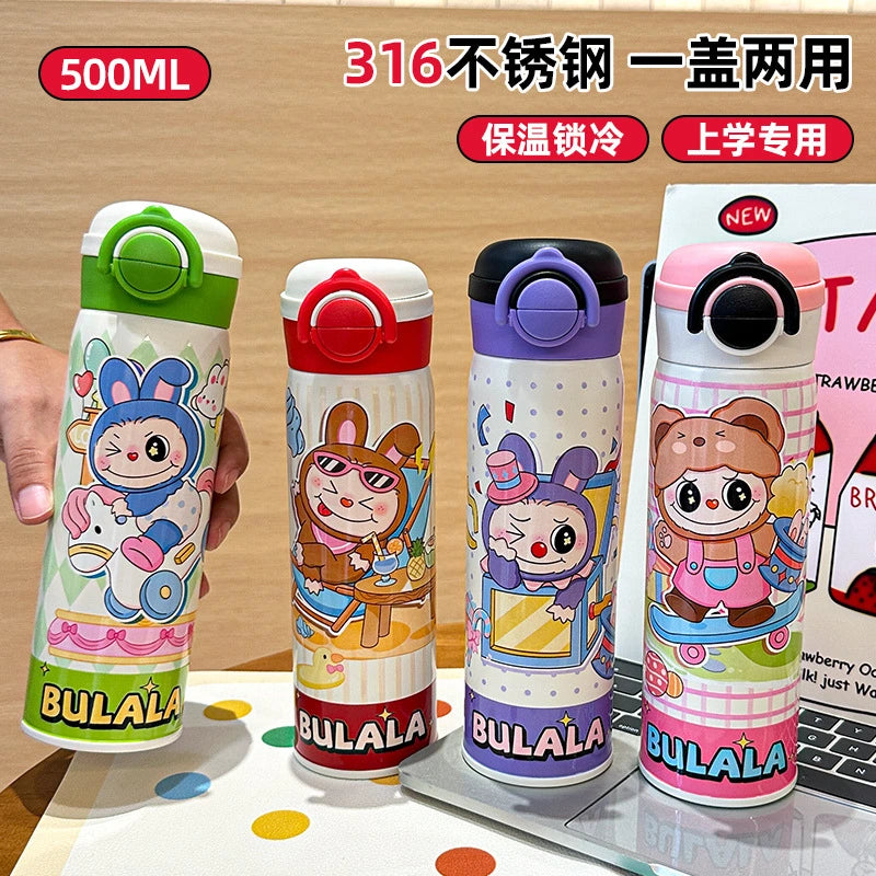 Dual-drink insulated water bottle made of 316 stainless steel for children