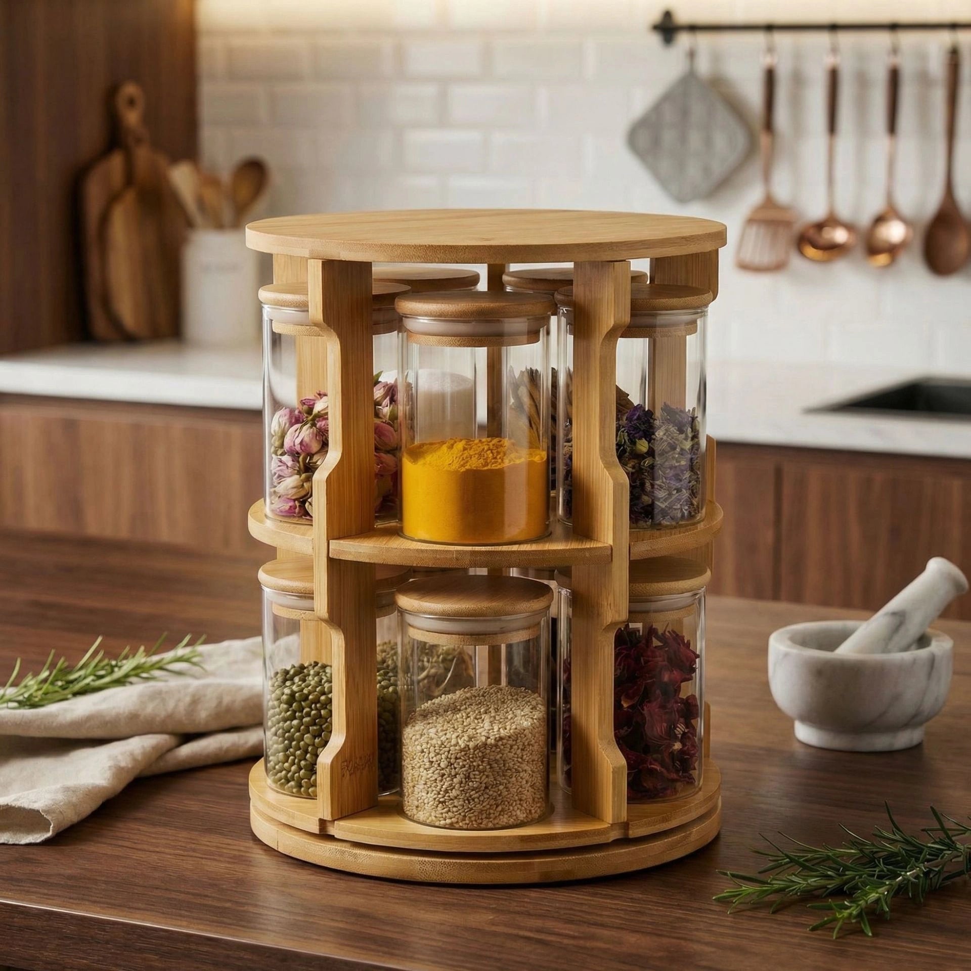 Premium Glass Spice Jar Set with Bamboo Stand – Airtight Kitchen Seasoning Organizer & Storage Container Set(10 Pieces)
