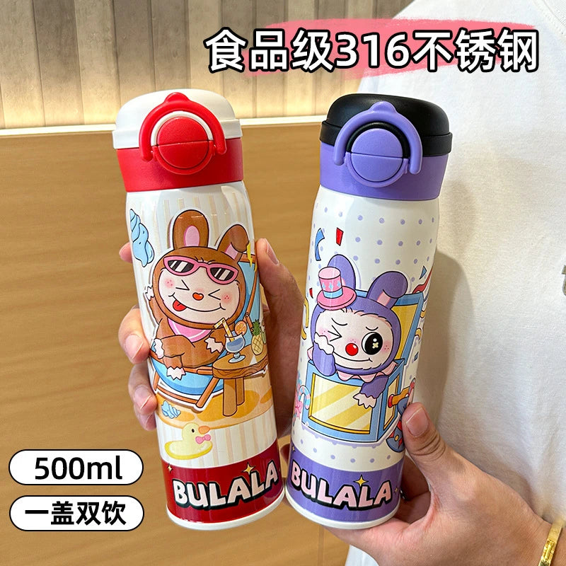 Dual-drink insulated water bottle made of 316 stainless steel for children