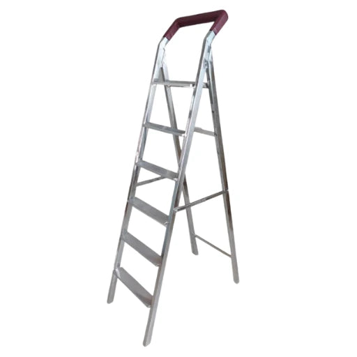 Metal step ladder with a red handle on a white background