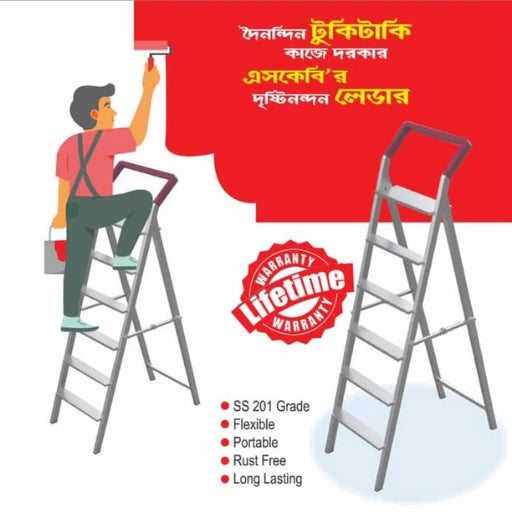 Person using a step ladder to paint a red wall with text and product features displayed.