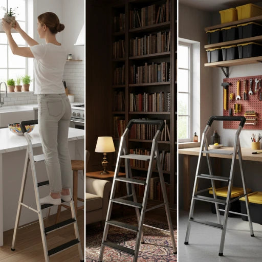 Collage of a step ladder being used in different home settings.