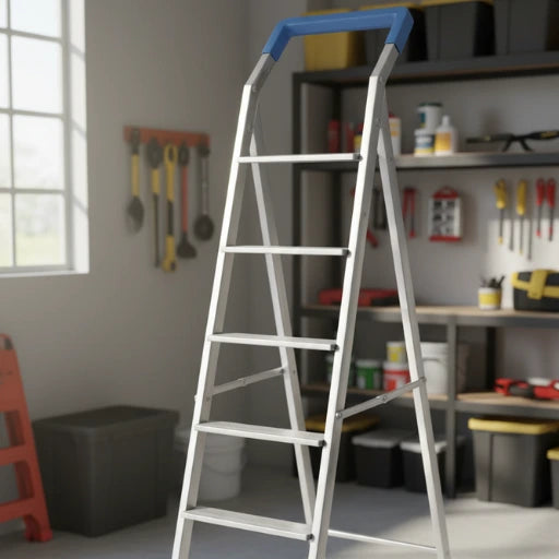 Metal step ladder with blue handle in a workshop setting