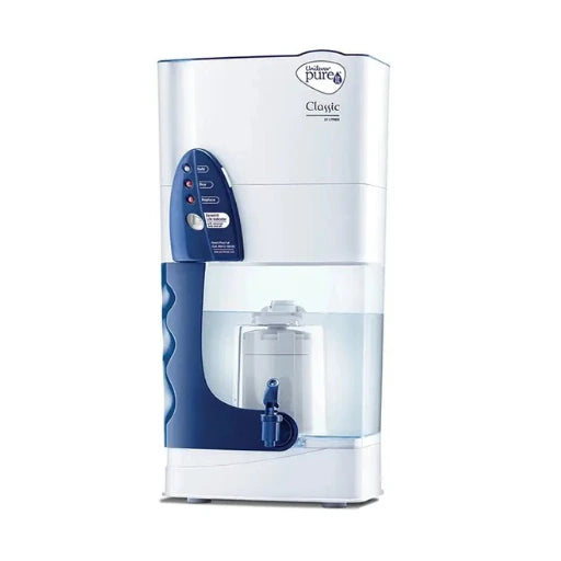 White and blue water purifier on a white background