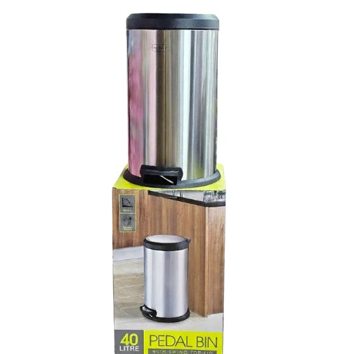 Stainless steel pedal bin with packaging on a white background