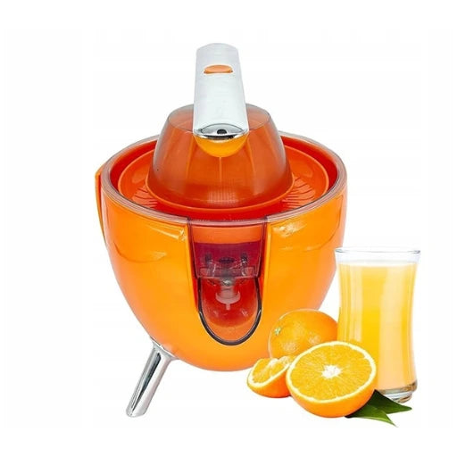 Orange manual juicer with a glass of orange juice and oranges on a white background