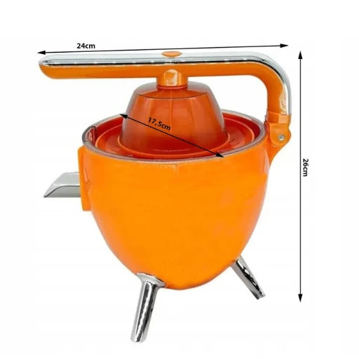 Orange kitchen juicer with dimensions labeled on a white background