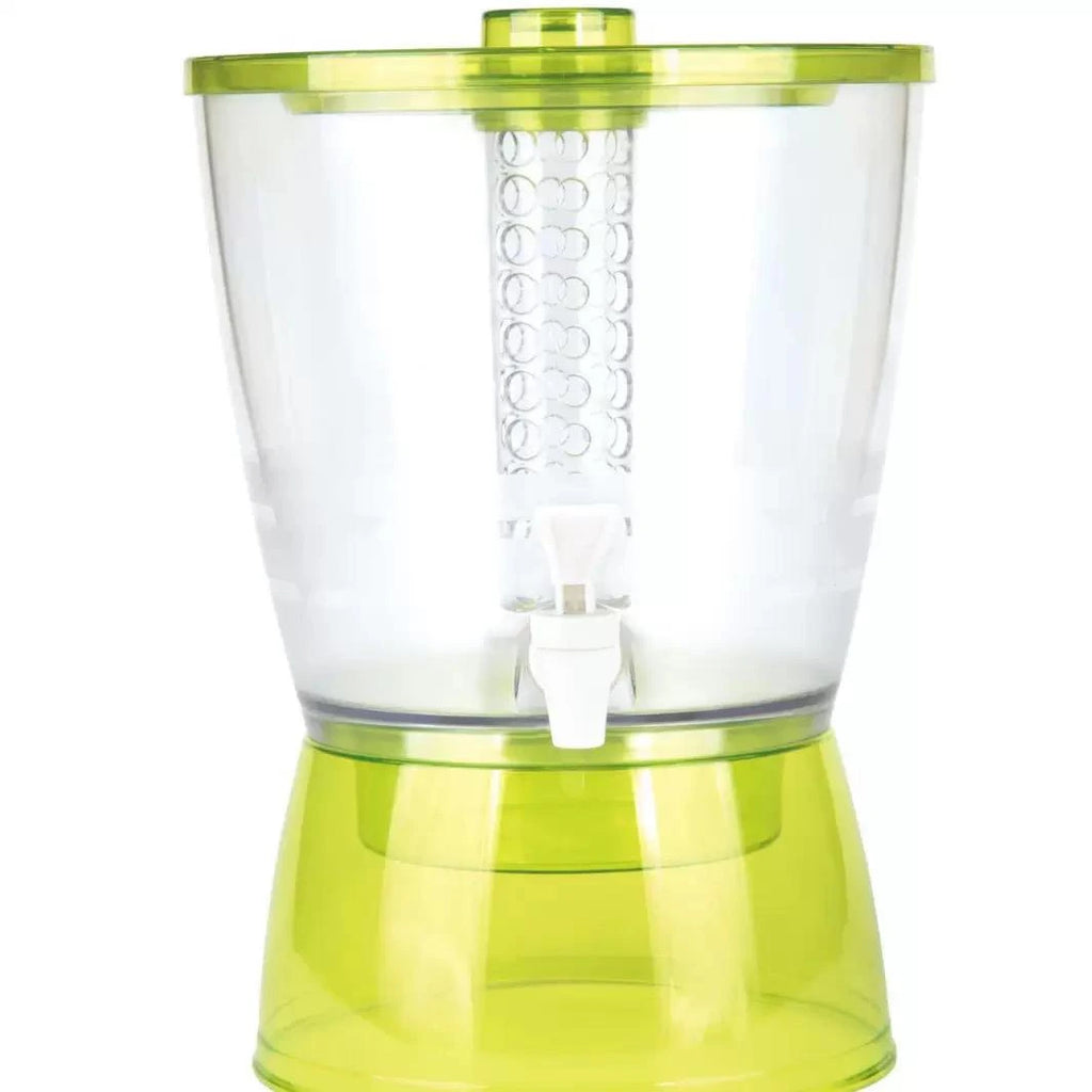 Clear and green plastic container with a spout on a white background