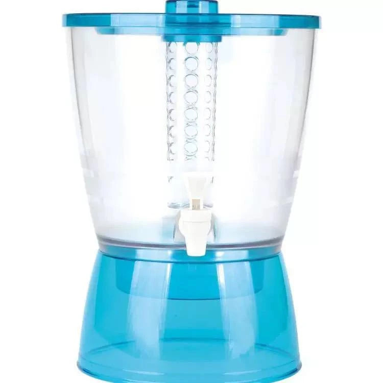 Clear and blue plastic container with a spout on a white background