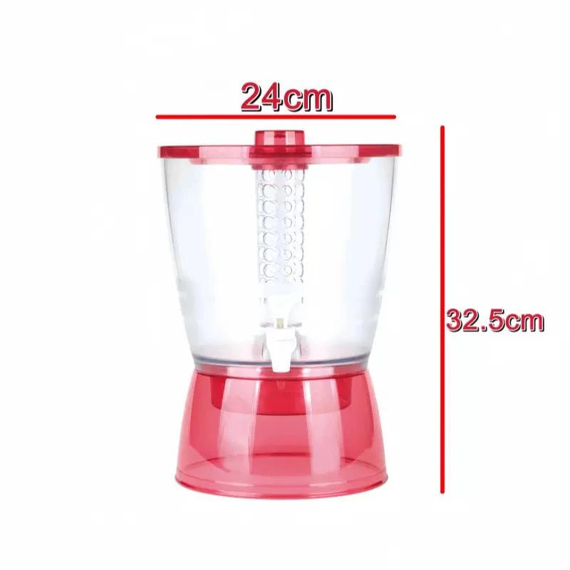 Red and clear plastic container with dimensions labeled on a white background