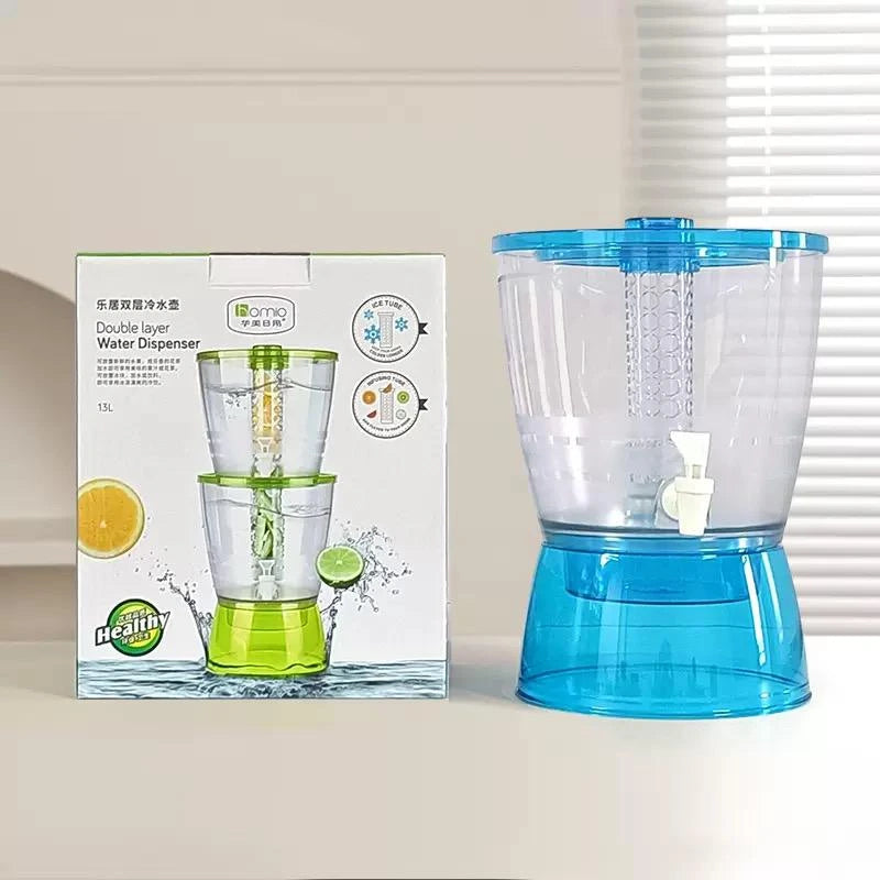 Blue water dispenser with packaging on a light background