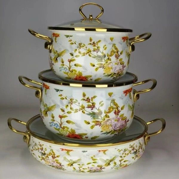 3 Pcs Floral Enamel Cookware Set with Glass Lid – Premium Cooking Pot Set for Modern Kitchen