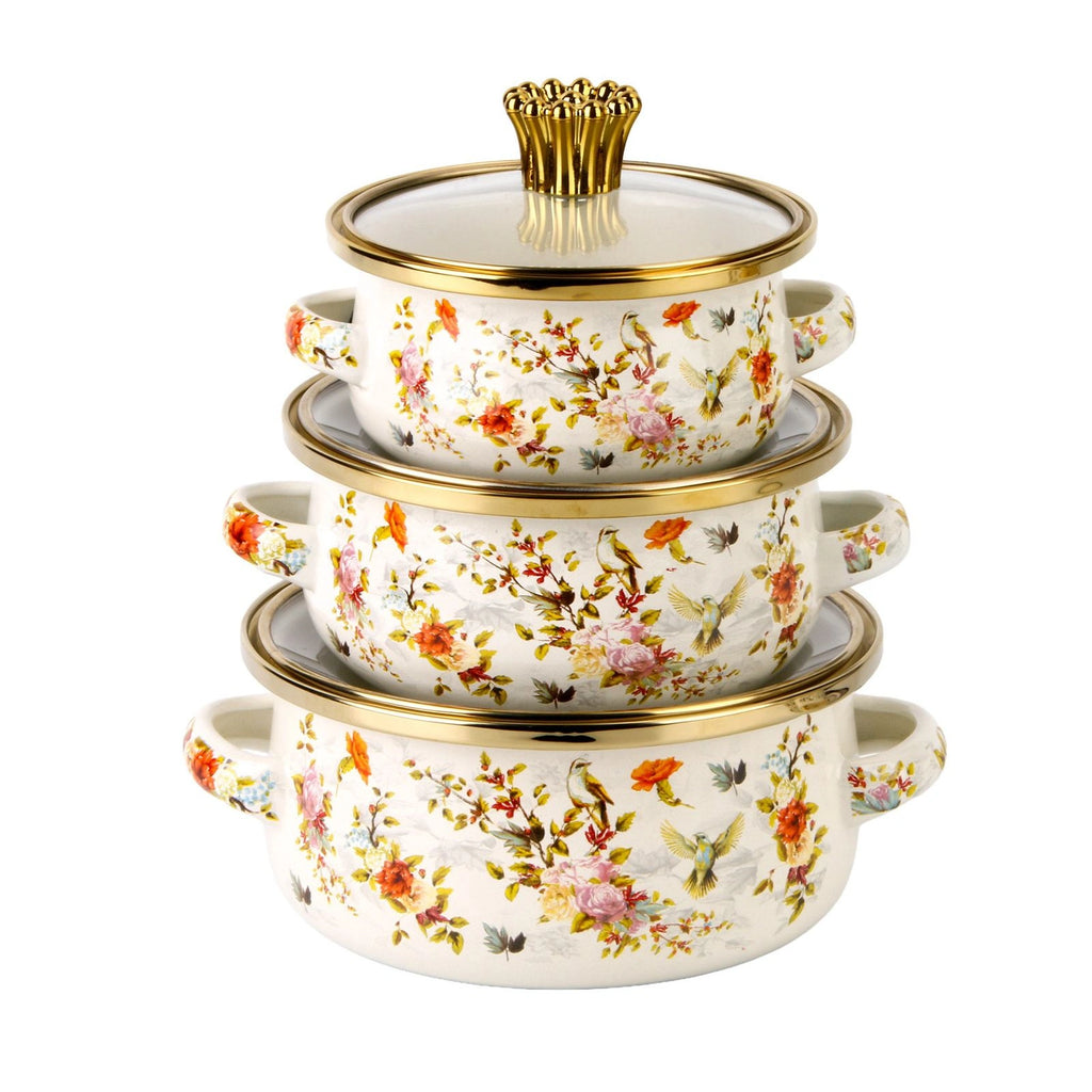 3 Pcs Floral Enamel Cookware Set with Glass Lid – Premium Cooking Pot Set for Modern Kitchen